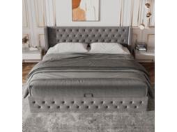 Cama Casal Cinza 140x200cm, Orelha Dupla, Botões, Hidráulica. -op