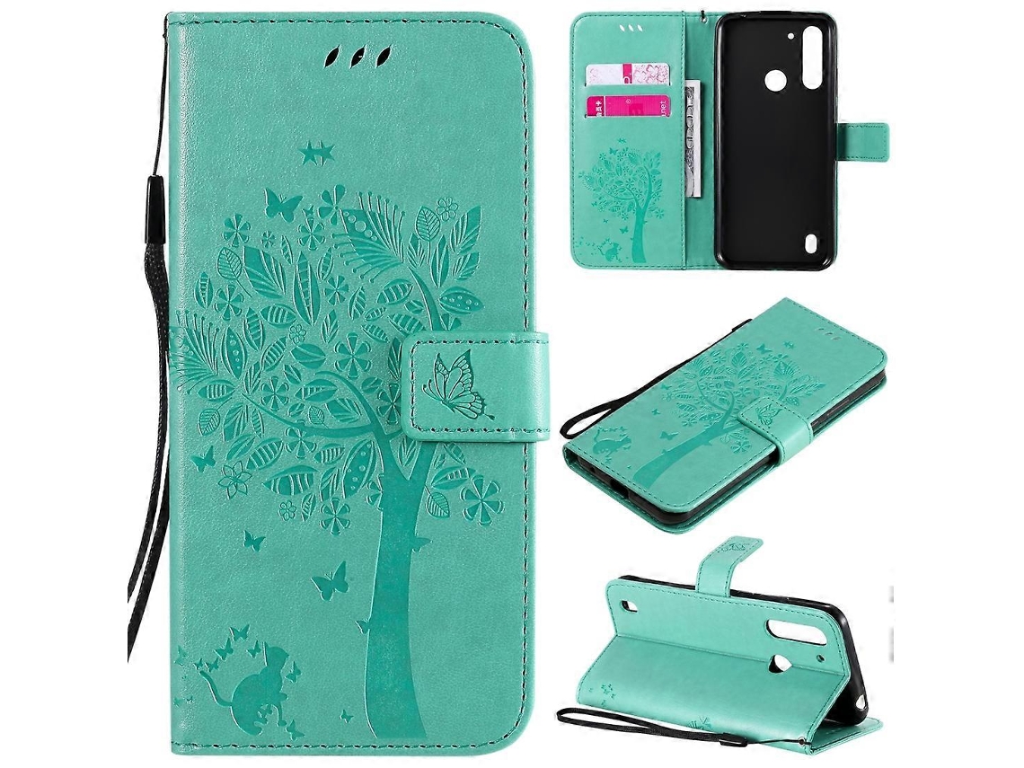 Capa De Couro Com Aba Horizontal, Estampa De Árvore E Gato Em Relevo, Com Suporte, Compartimentos Para Cartões, Carteira E Cordão Para Motorola Moto G