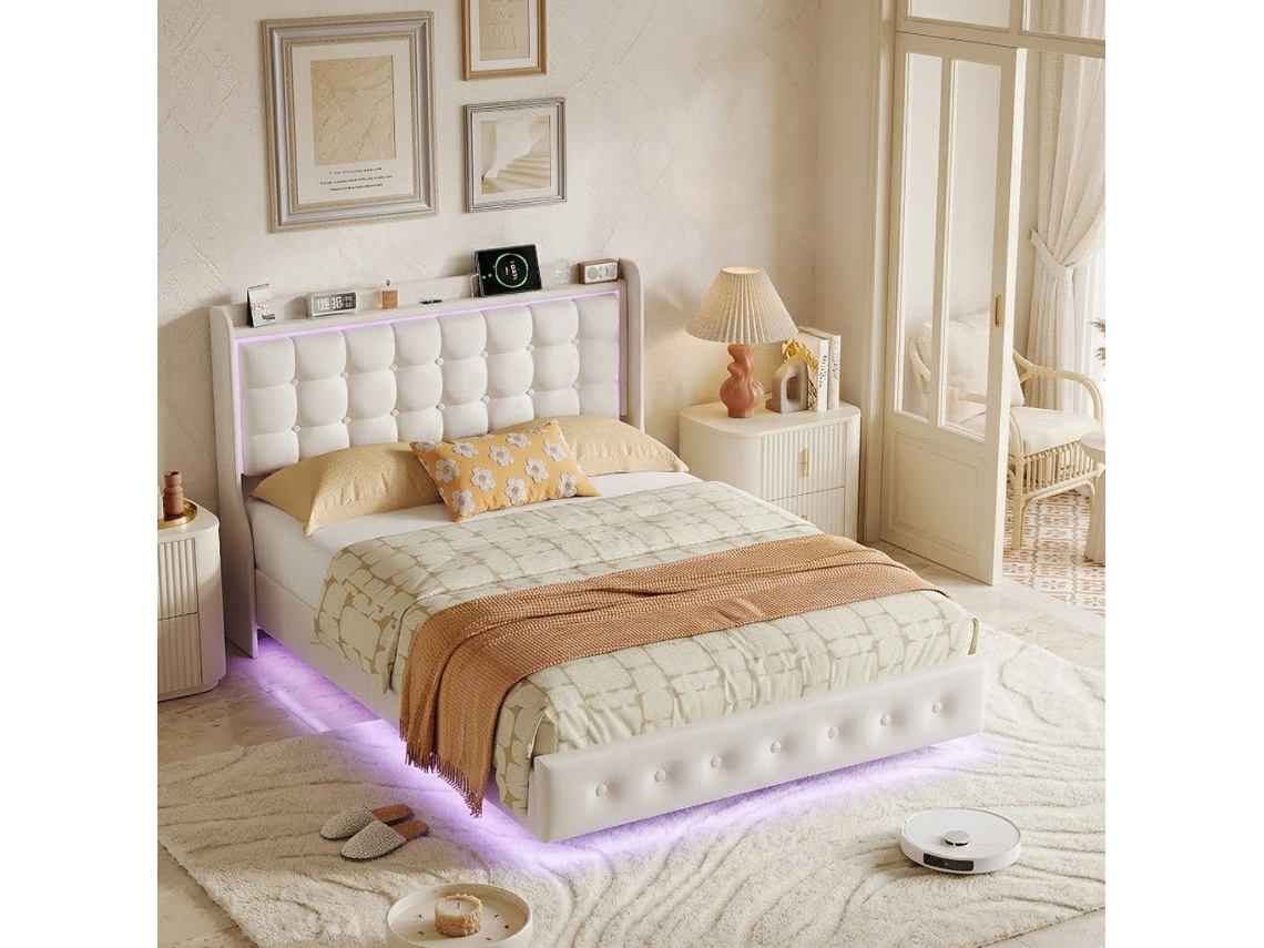 Cama De Casal 160x200 Cm, Estrutura Flutuante Com Iluminação Led E Portas Usb, Cabeceira Estofada Com Espaço De Arrumação Aberto, Branca