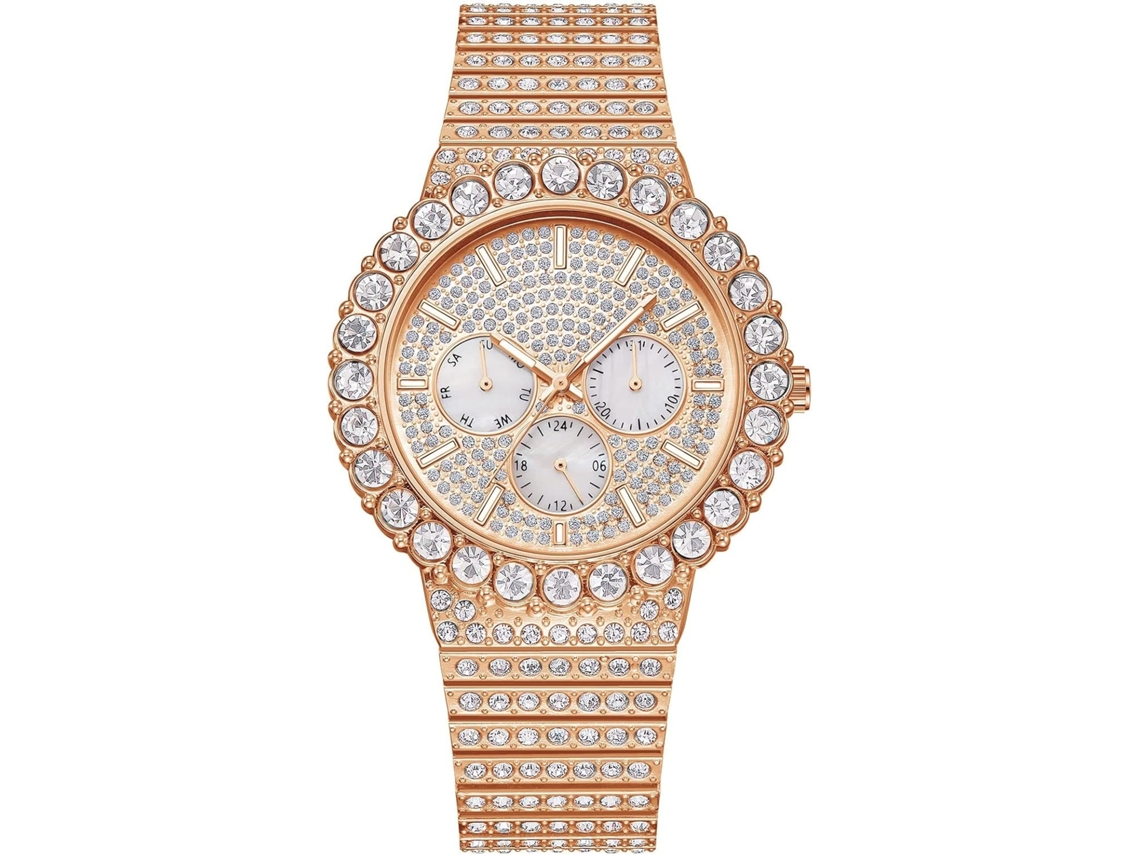 Lurelia Relógio Masculino, Data/calendário, Detalhes Com Strass, Aço Inoxidável, Rosa Ouro