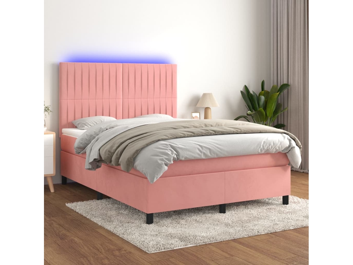 Cama Box Spring C/ Colchão/led 140x190 Cm Veludo Rosa