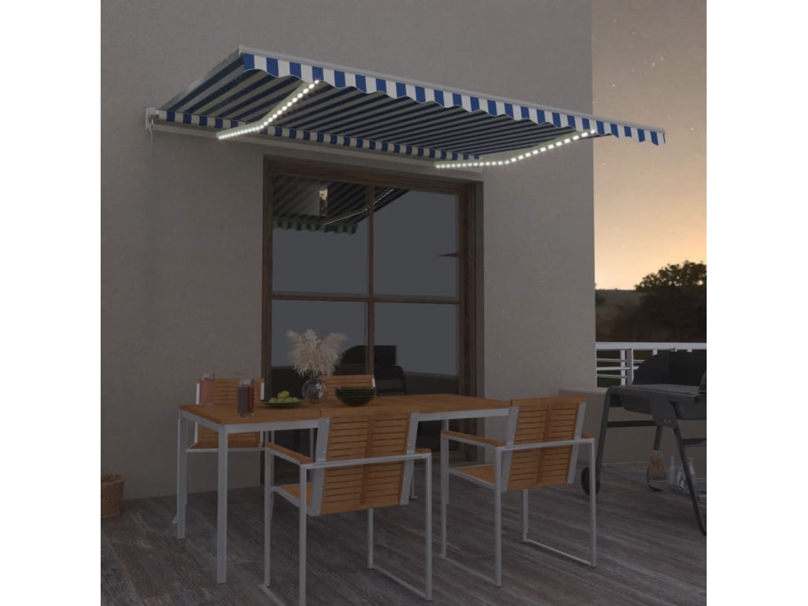 Vidaxl Toldo Retrátil Manual Com Led 450x350 Cm Azul E Branco
