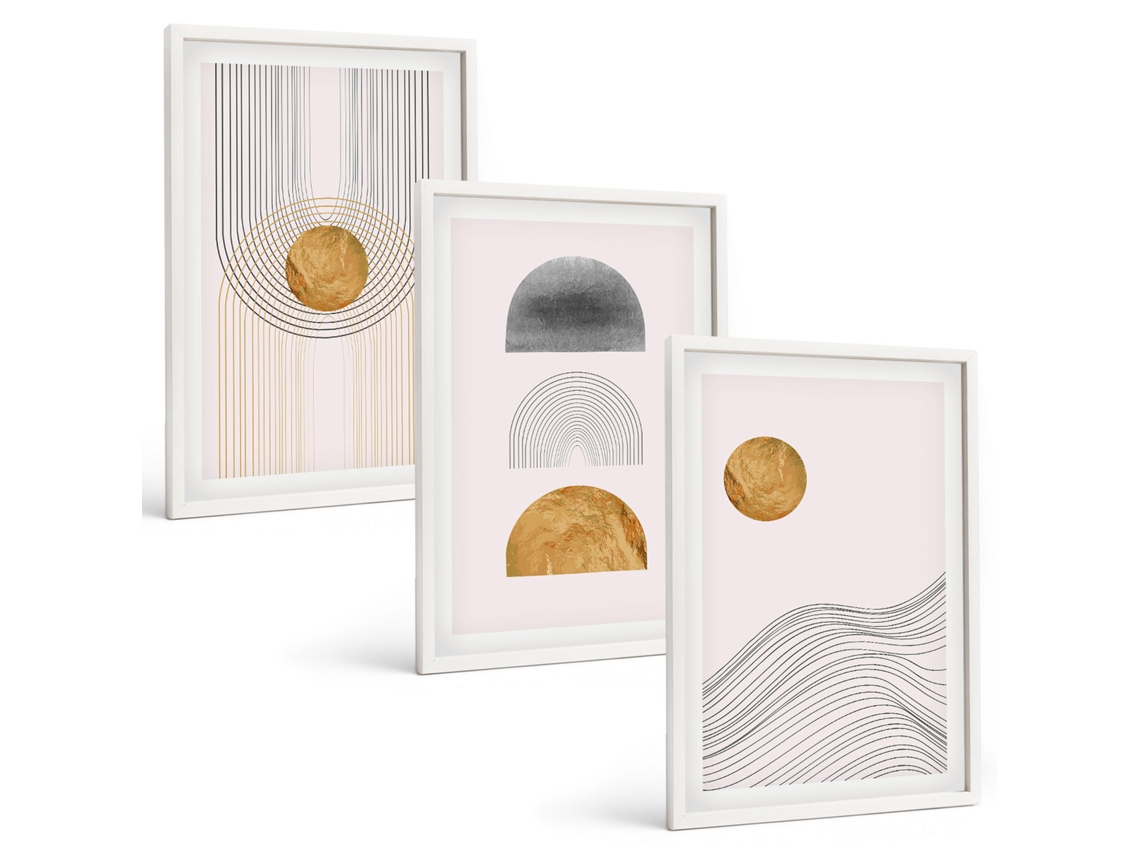 Conjunto De Pinturas Formas Abstratas Em Bege E Cinza Espelharte (3 Peças 40x60 Cm)