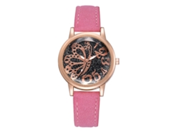 Relógio Feminino de Pulso com Correia Pu e Mostrador Redondo de Quartzo Rosa