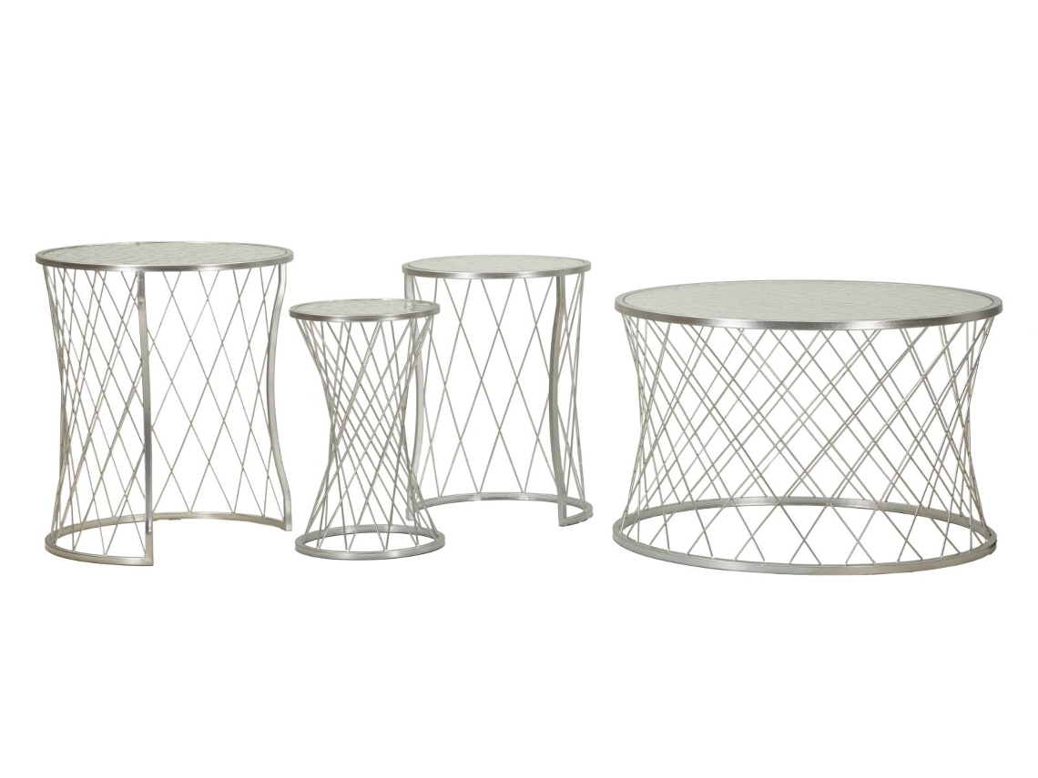 Conjunto De 4 Mesas De Centro Noah Prateadas - Mesas De Centro Em Metal Prateado E Vidro Temperado, Design Em Diamante, Estilo Glamoroso - 940