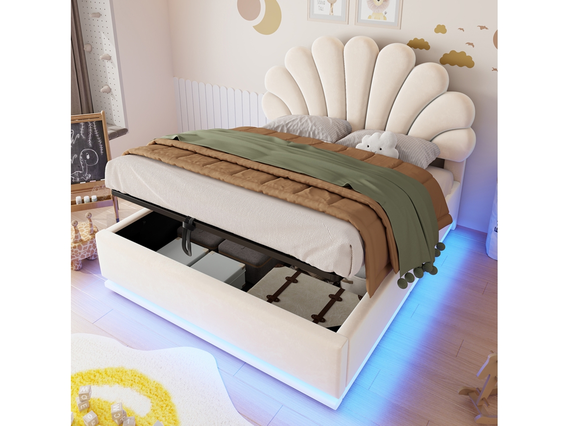 Cama Estofada Veludo Bege 140x200 Cm