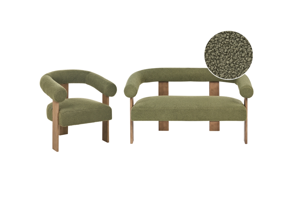 Conjunto De Assentos Estofados Com Pernas De Madeira Beliani Ilbro De Bouclé Verde 138x68x76