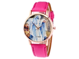 Relógio de pulso analógico para casal com pulseira de couro PU, mostrador redondo, quartzo (vermelho rosado)