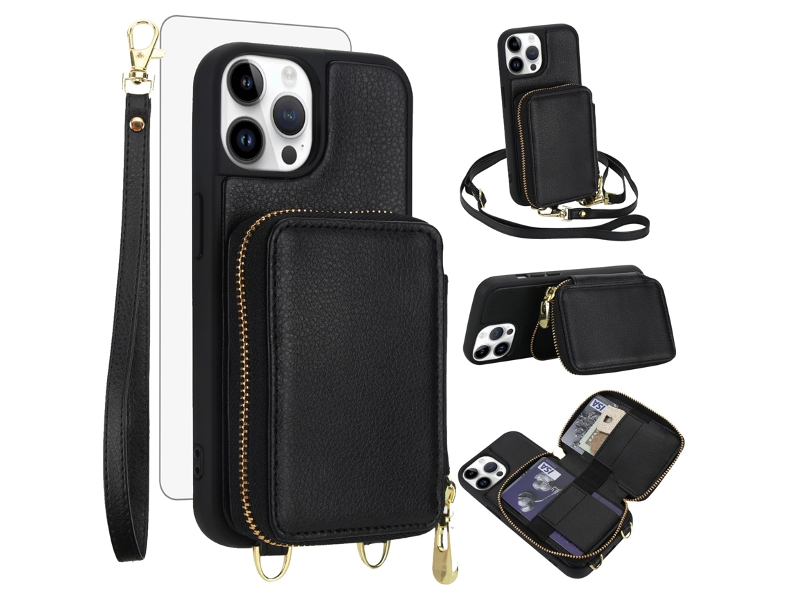 Capa Carteira Para Celular Em Couro Pu+tpu Com Protetor De Tela Para Iphone 15 Pro (6,1 Polegadas) - Preta