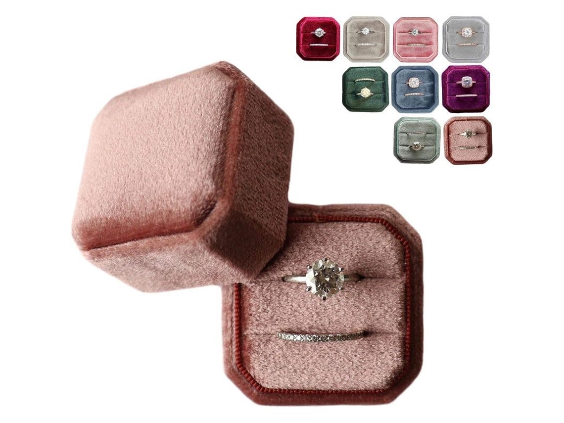 Caja De Anéis De Veludo Vintage Com 2 Compartimentos Para Casamento E Fotografia De Noiva (rosa Canela)