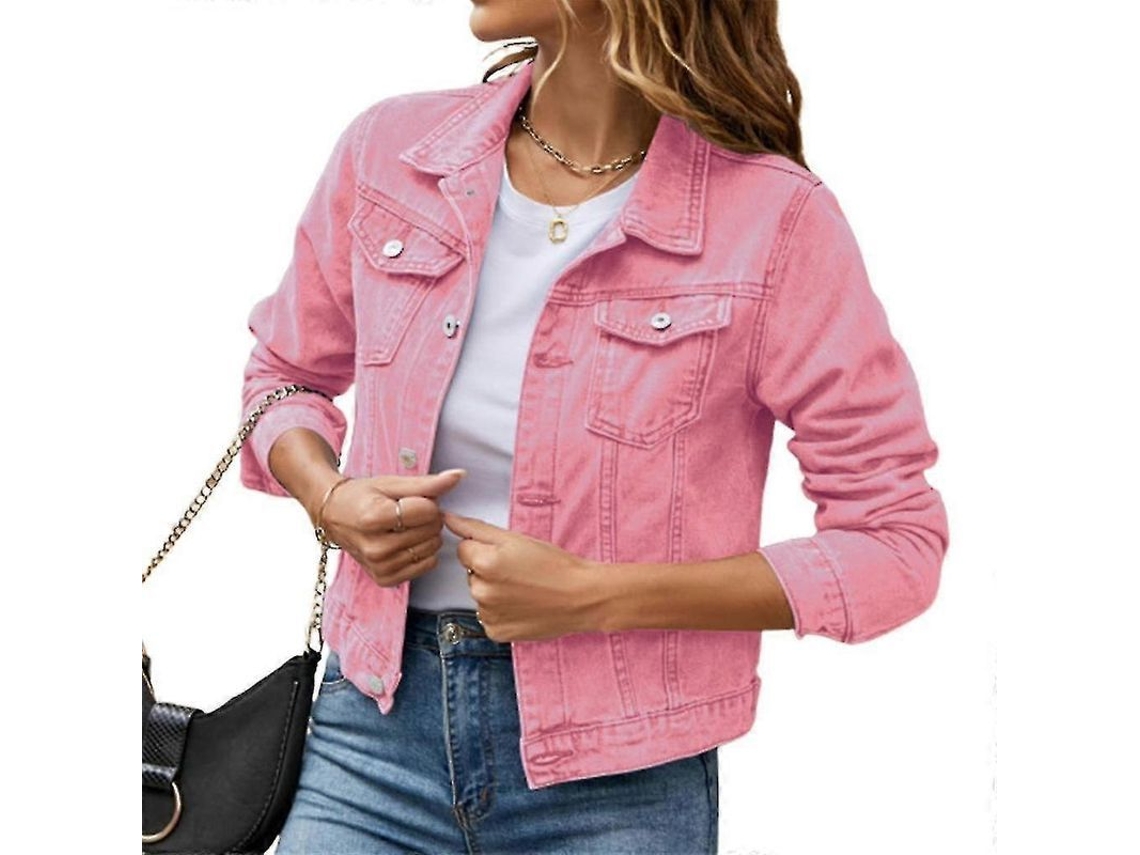 Jaqueta jeans feminina de manga curta e longa com fivela nos bolsos, modelo 2026 (S2024123014671).
