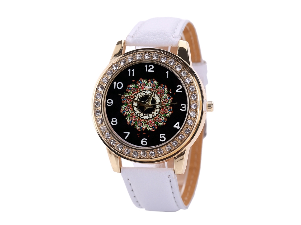Relógio Feminino de Quartzo com Pulseira de Couro Pu e Pedras Artificiais Branco