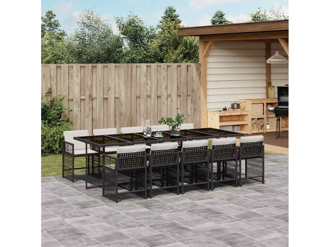 Vidaxl 11 Pcs Conjunto De Jantar P/ Jardim C/ Almofadões Vime Pe Preto
