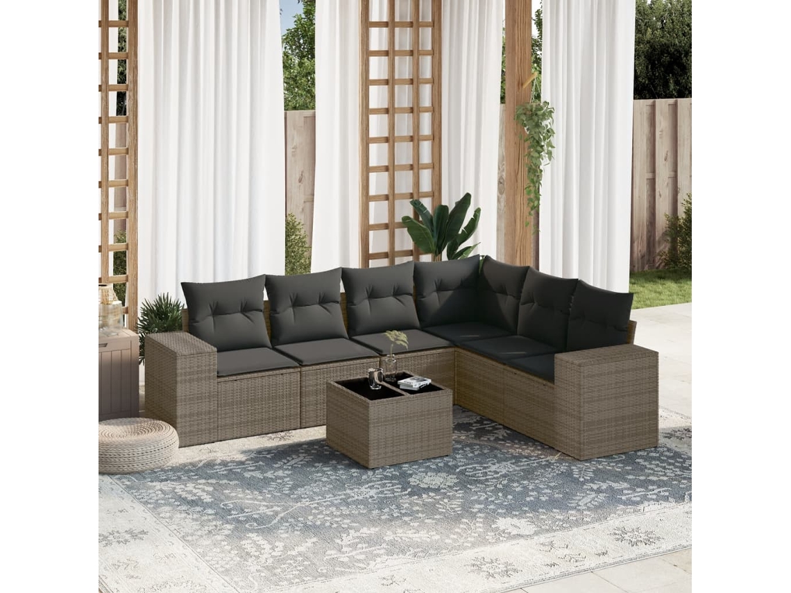 Vidaxl 7 Pcs Conjunto Sofás P/ Jardim C/ Almofadões Vime Pe Cinzento