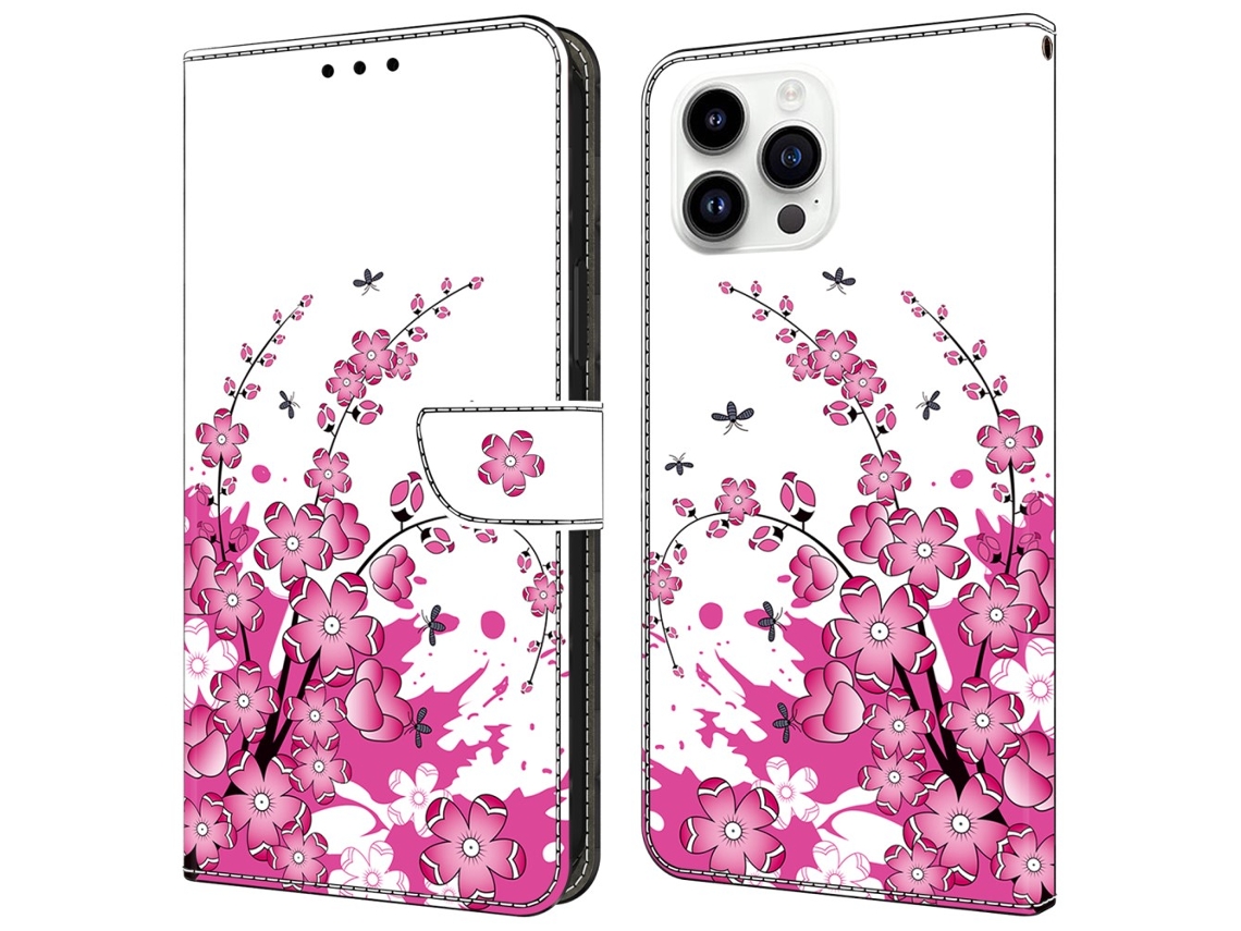 Capa Flor Para Iphone 15 Pro Max Pele Sintética Rosa