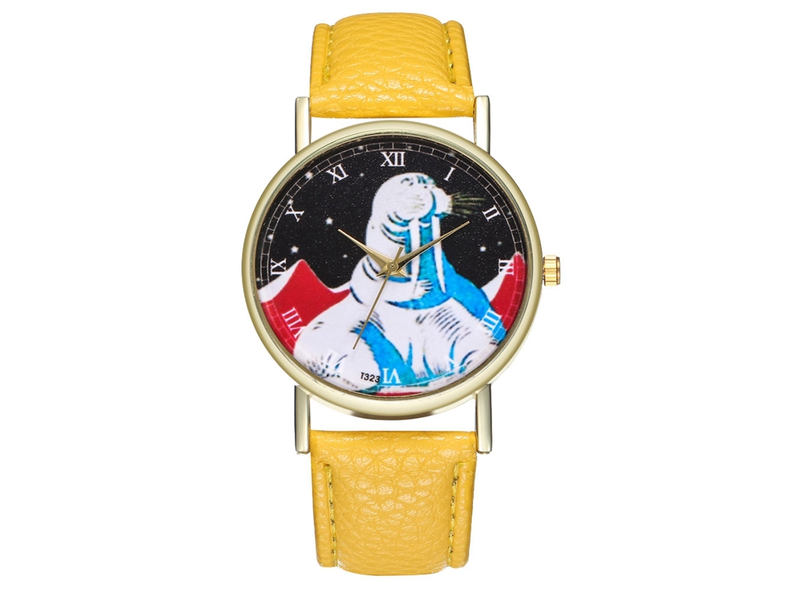 Relógio de Pulso Unissex de Quartzo com Pulseira de Couro Pu Dial Redondo Simples Amarelo