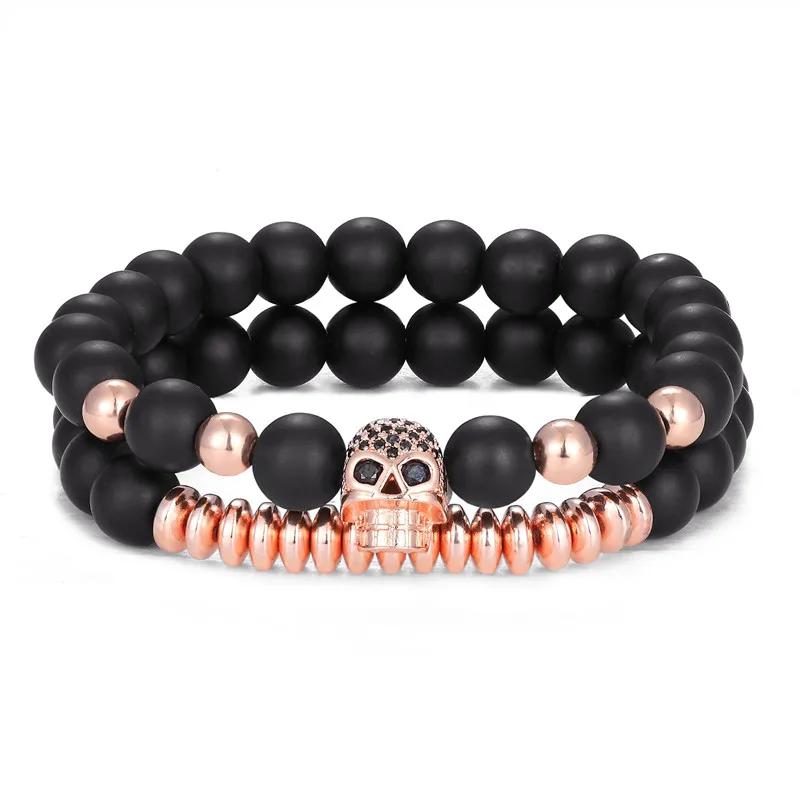 Pulseira Masculina Com Contas Em Formato De Caveira E Acabamento Em Óxido Fosco (ouro Rosa). Pulseira Masculina.