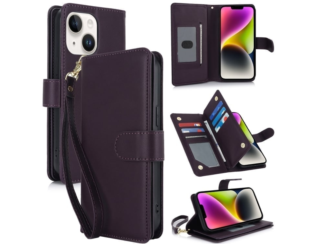 Capa Carteira De Couro Para Iphone 14 Plus - Com Rfid - Para Vários Cartões