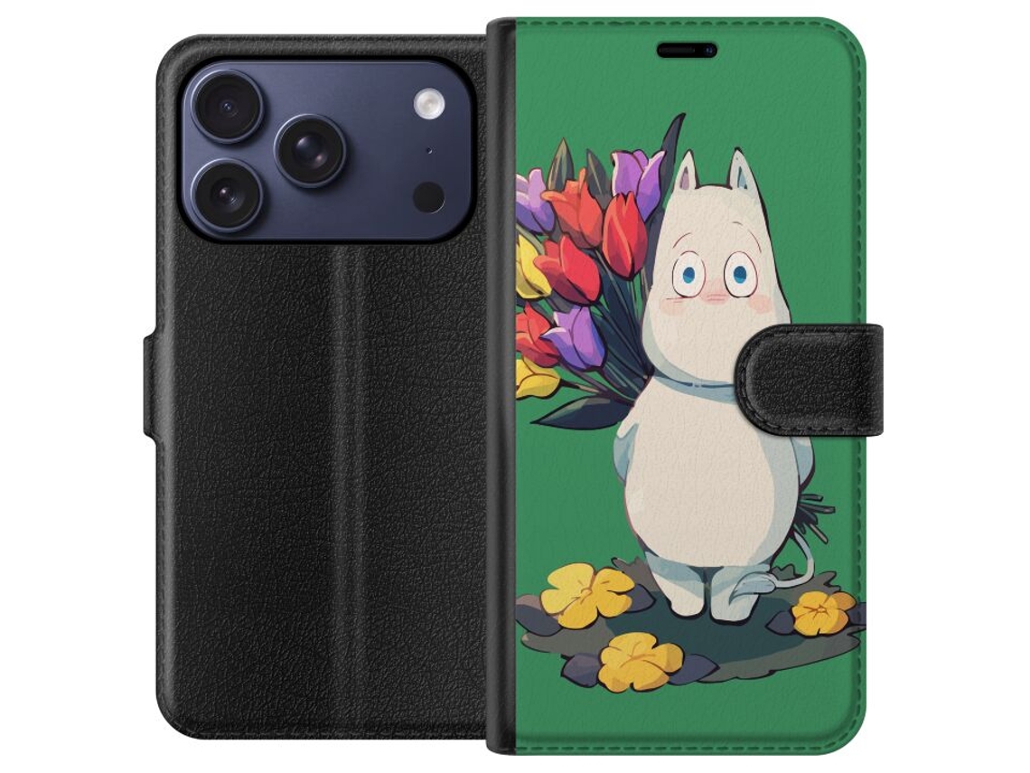 Capa Carteira Compatível Com Apple Iphone 17 Pro Com Ilustração Delicada De Uma Figura Segurando Um Buquê De Tulipas Coloridas Sobre Um Fundo Verde.