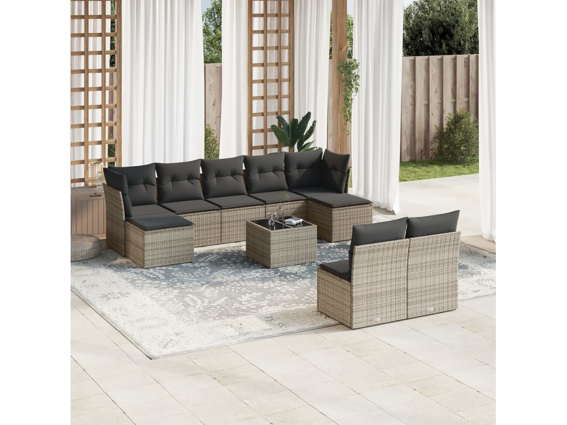 Vidaxl 10 Pcs Conjunto Sofás De Jardim C/ Almofadões Vime Pe Cinzento
