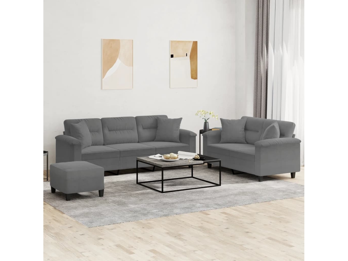 Vidaxl 3 Pcs Conjunto Sofás C/ Almofadas Microfibra Cinza-escuro