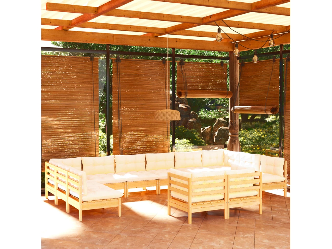 Vidaxl 12 Pcs Conjunto Lounge Jardim C/ Almofadões Creme Pinho Maciço