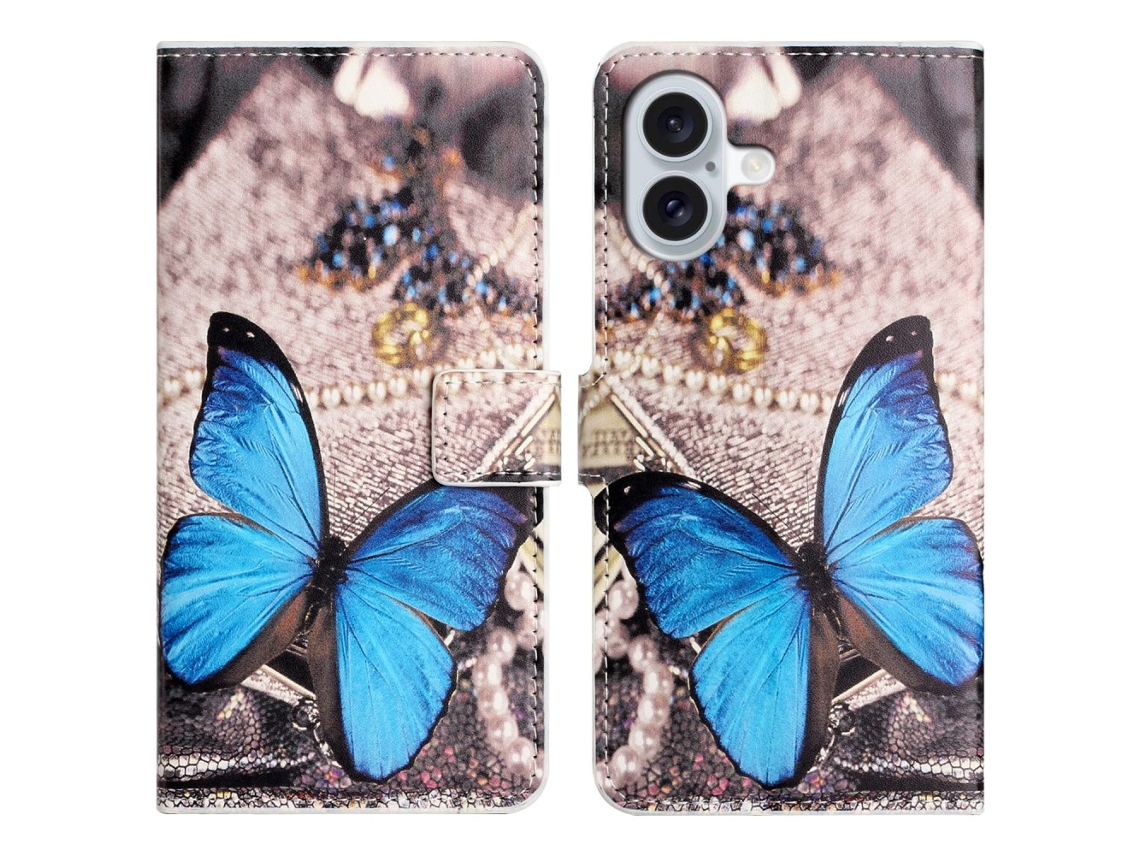 Capa Em Couro Pu Para Apple Iphone 16 Plus - Borboleta Azul