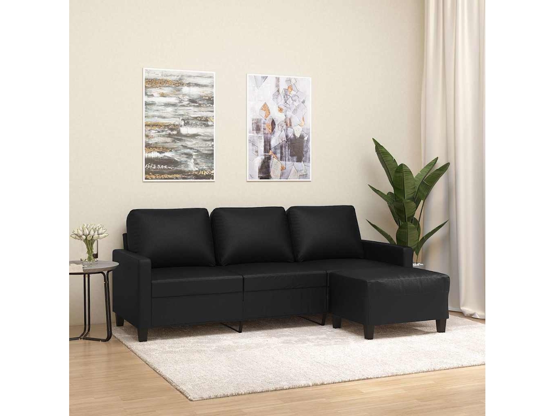 Vidaxl Sofá De 3 Lugares C/ Apoio De Pés 180 Cm Couro Artificial Preto