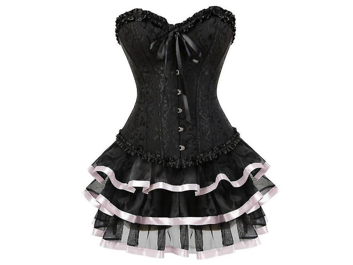 Corset Feminino de Poliéster e Spandex com Brocado Estampado, Bordado e Ossos de Plástico para Uso Diário Preto