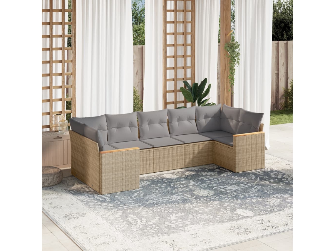 Vidaxl 7 Pcs Conjunto De Sofás P/ Jardim Com Almofadões Vime Pe Bege
