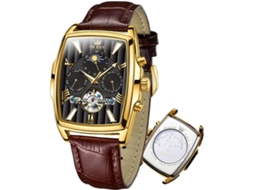 Lurelia Relógio Mecânico Masculino, Automático, Data/calendário, Luminoso, Mostrador Esqueleto, Fase Da Lua, Couro, Dourado