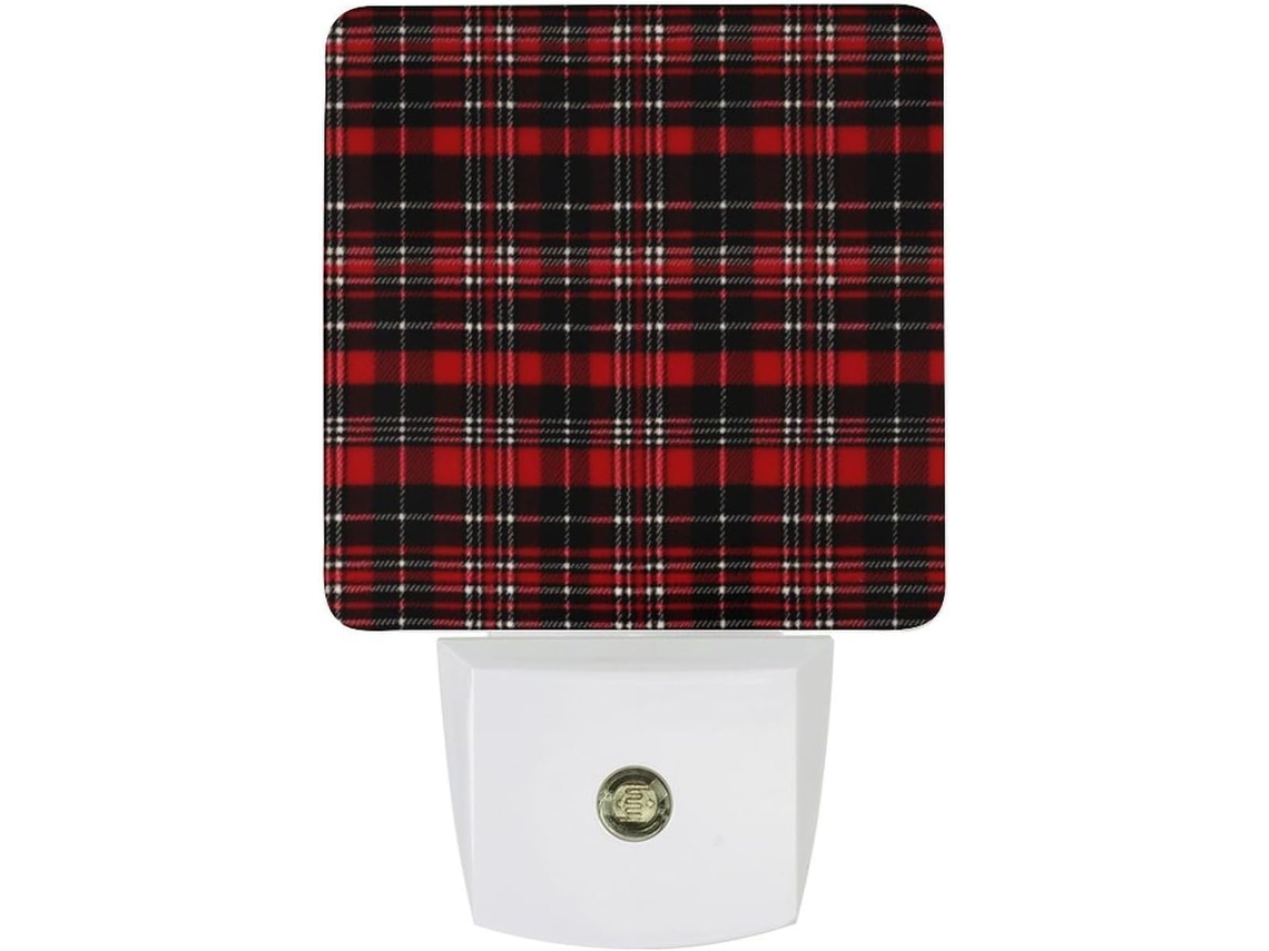 Luminária De Parede Noturna Com Padrão Xadrez Vermelho E Marrom, Sensor Crepuscular, Luz Led Branca, Lampada De