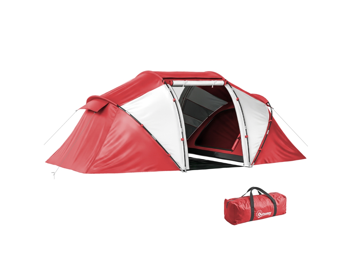 Tente De Camping Familiale 4 Personnes Tente Dôme Étanche Légère, Ventilée 2 Cabines Fenêtre Grande Porte Gris Rouge