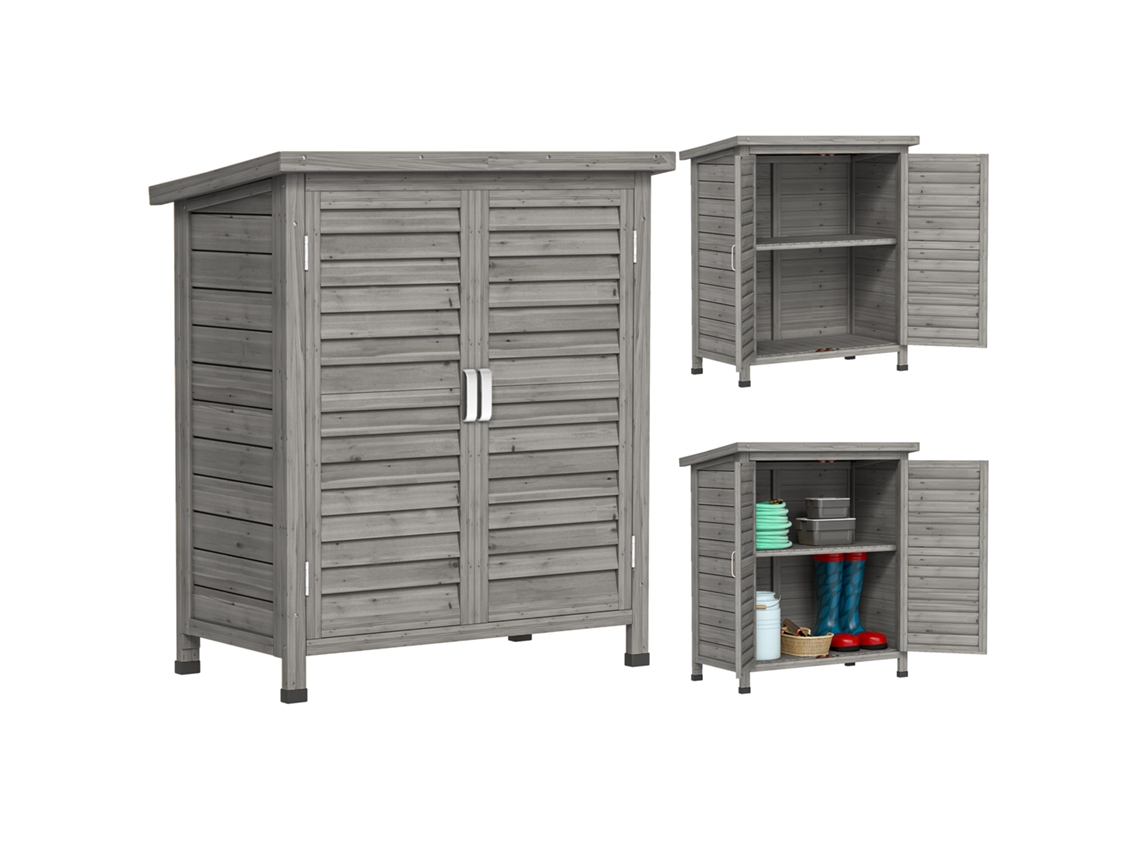 Barracão de Madeira para Jardim com 2 Prateleiras Internas, 2 Portas e Telhado Inclinado para Exterior Terreza 87x46,5x96,5 Cm Cinza Ge