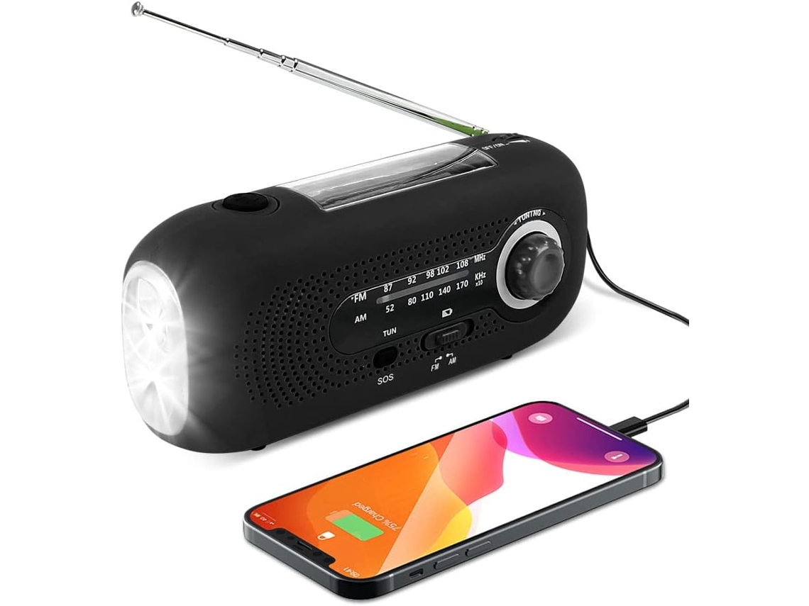 Rádio AM/FM AQUAFORGE com manivela, energia solar, alarme SOS, 2000mah, vermelho