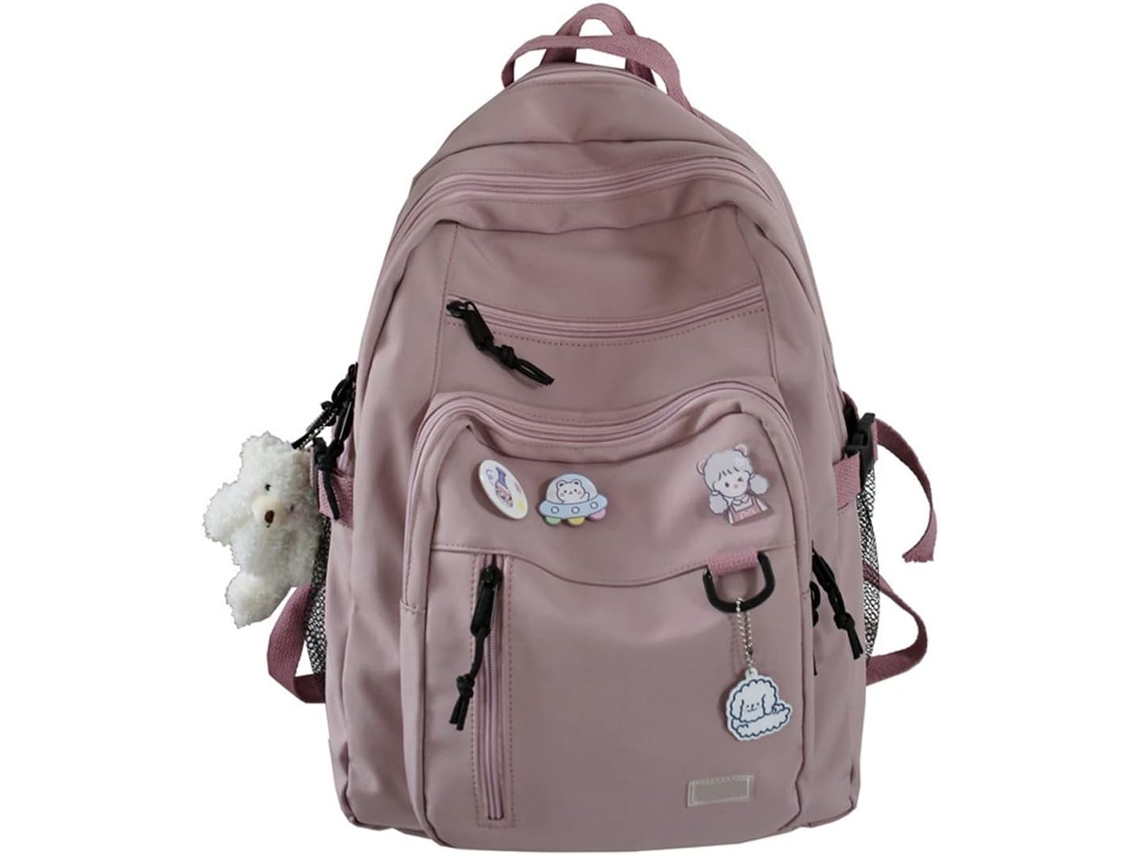 Mochila Escolar Com Pingente De Urso E 4 Emblemas CUICH Rosa