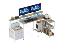 Mesa De Canto Com Tomadas E Iluminação Led Rgb. Mesa Para Computador. 172 X 100 Cm. Suporte Para Monitor. 2 Gavetas. Branca.