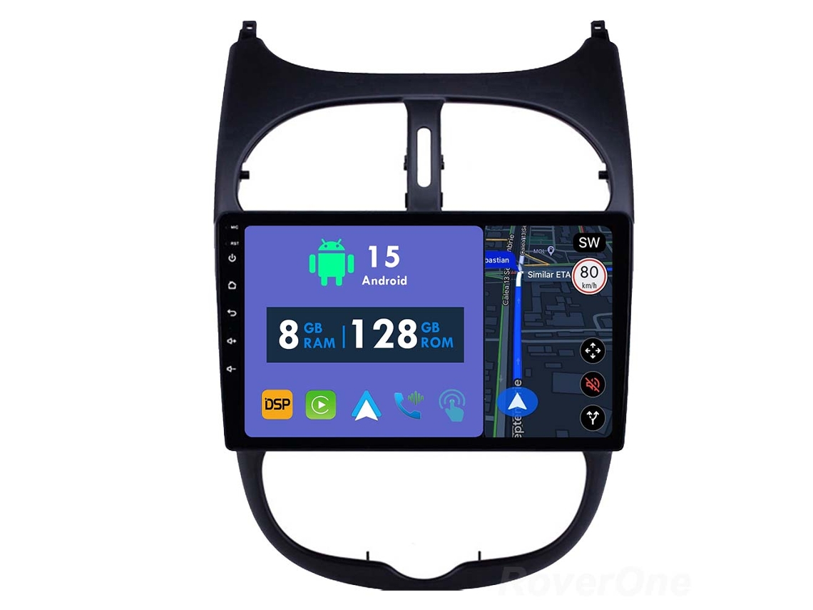 Auto Rádio Carro Bluetooth Autoradio 8GB RAM 128G ROM CarPlay Navegação GPS Ecrã Táctil RoverOne para Peugeot 206 1998-2012  
