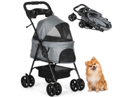 Carrinho Pet Leve Dobrável, Rodas Giratórias, Guia Segurança E Cesto, 67x45x96cm, Cinza