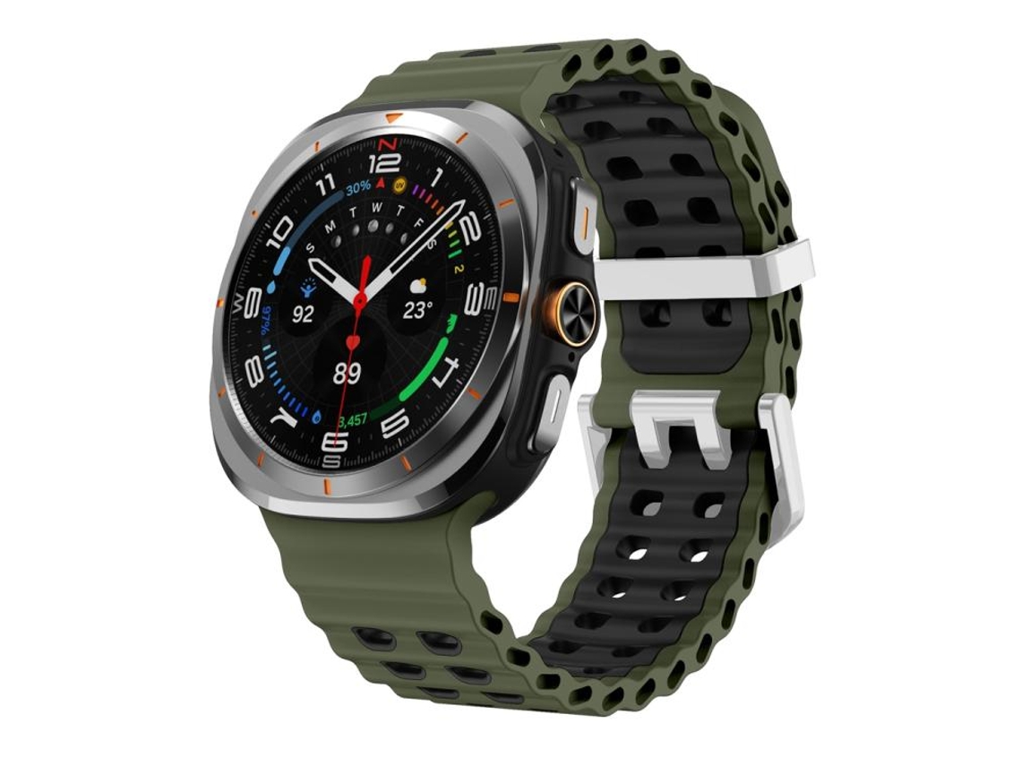 Bracelete para Samsung Galaxy Watch Ultra Silicone Duas Cores Fivela Prateada e Furos Duplos Verde exército e Preto XIAOMOYU