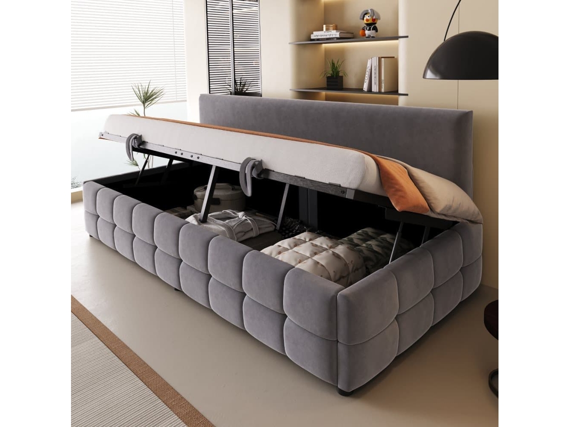 Cama Multifuncional 90x200 Cm - Com Arrumação Hidráulica, Encosto Sem Braços, Padrão Xadrez - Cinza Escuro