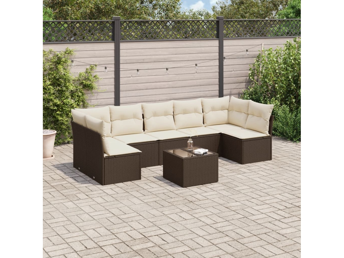 Vidaxl 8 Pcs Conjunto Sofás De Jardim C/ Almofadões Vime Pe Castanho