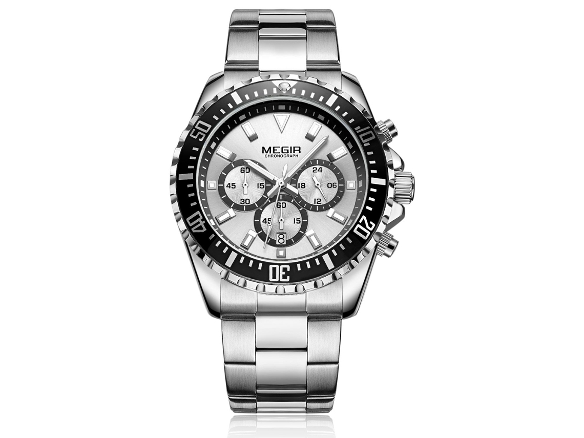 Relógio de pulso analógico de quartzo masculino Megir com pulseira de aço (branco prateado)