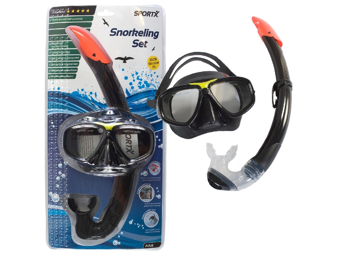 Conjunto De Snorkel Sportx Para Adultos, Preto, Com Vedação De Silicone Anti Vazamento.