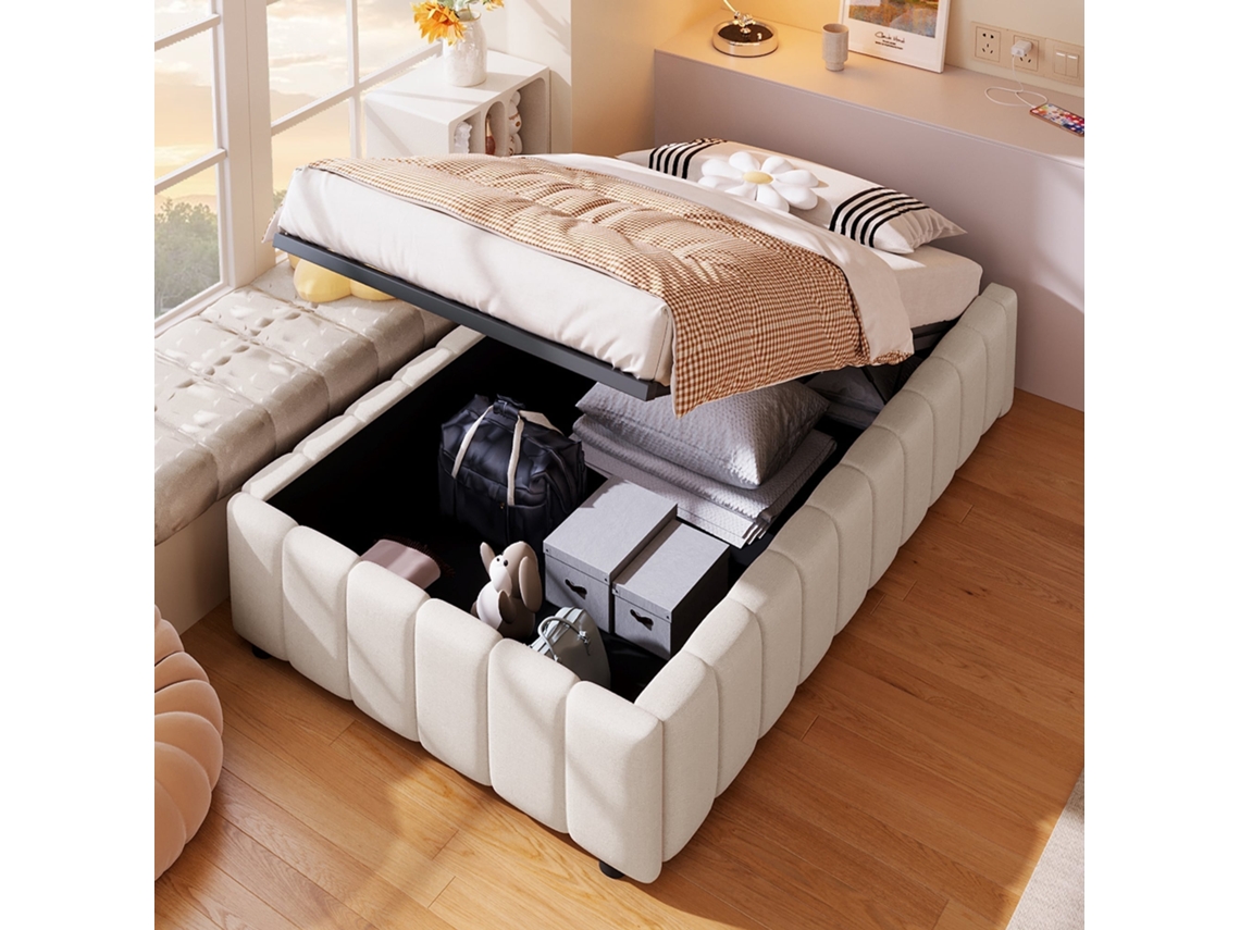 Cama acolchoada 90x200cm, armazenamento hidráulico, linho e MDF, sem cabeceira, fácil montagem, bege, KOMHTOM