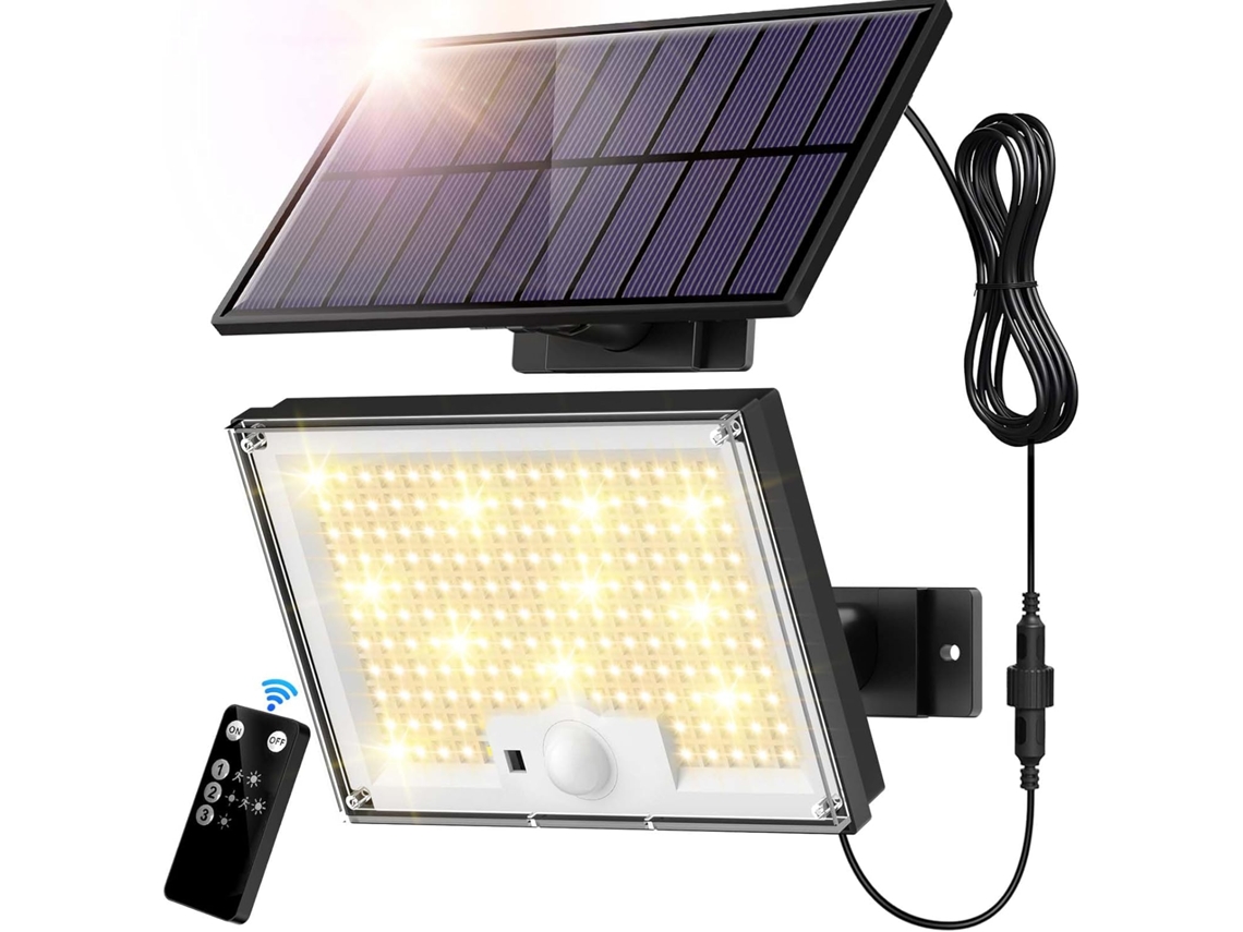 Luminária solar externa, 172 LEDs, 3 modos, sensor de movimento, IP65, branco quente. Brilvibera