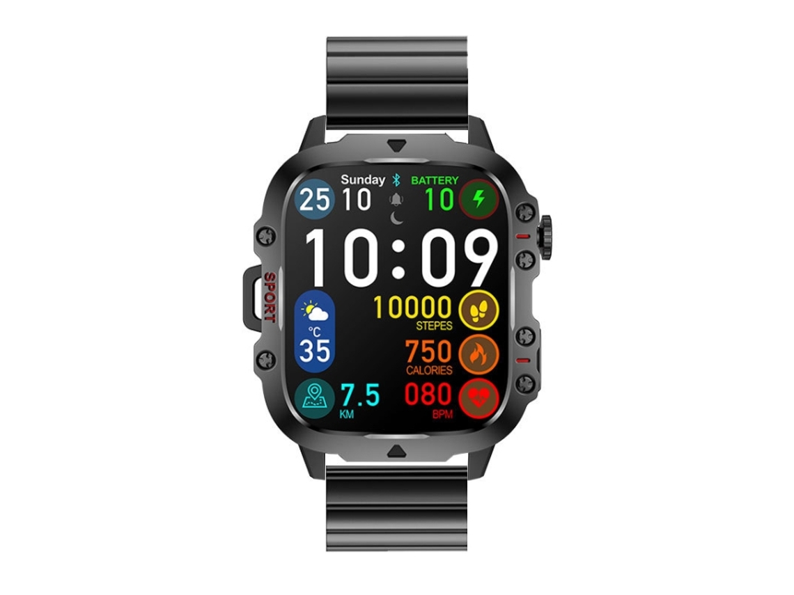 (preto) Pulseira inteligente com tecido colorido de 1,96 pollegadas e pulseira de aço com junta de bambu, compatível com chamadas Bluetooth.