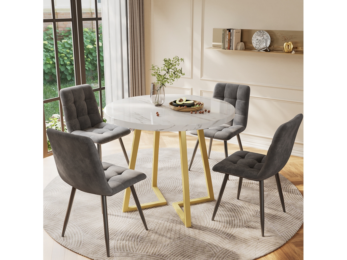 Mesa Redonda 80cm Com 4 Cadeiras Em Veludo Cinza E Dourado