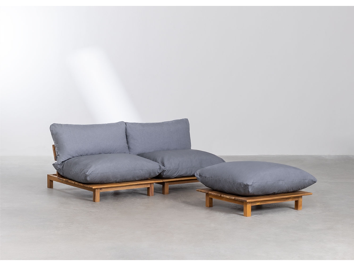 Sklum Sofá Modular Reclinável De Jardim De 2 Peças Com Puff Em Madeira De Acácia Brina Poliéster Cinza Grafito