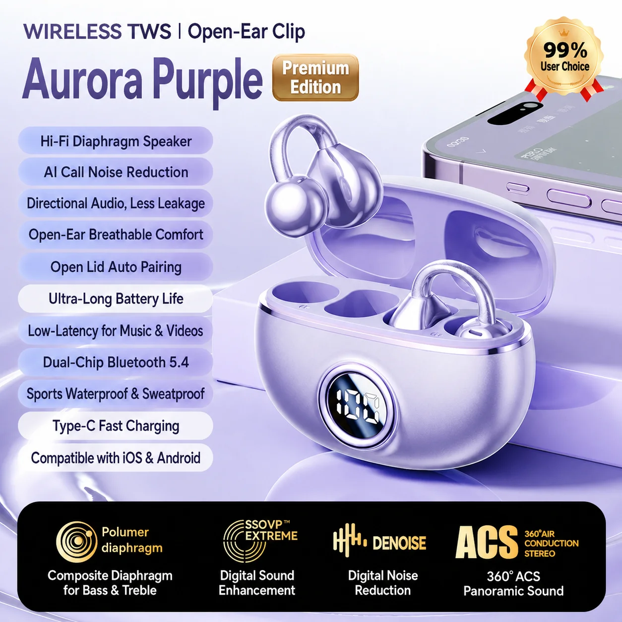 Fones De Ouvido Bluetooth 5.4 Com Clipe (roxo), Bateria De Longa Duração E Unidade De Graves.